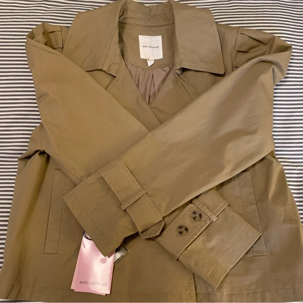 Avec Les Filles Cropped Puff Sleeve Trench Coat Tan Double Breasted XL NWT - Picture 13 of 15